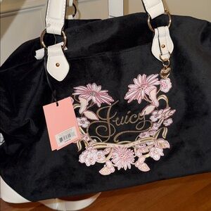 Juicy Couture Black Tote with Pink Floral Embroidery